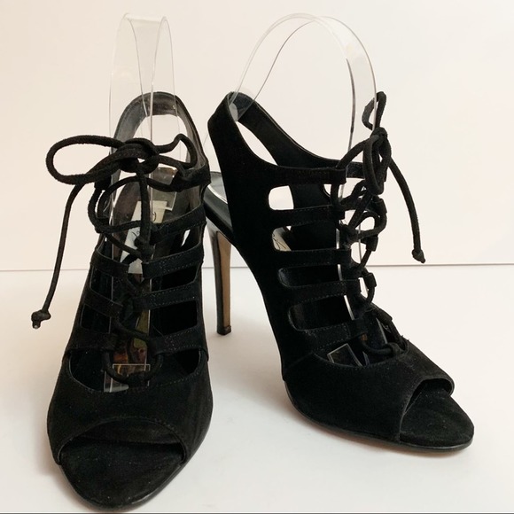 David Dixon Black Velvet Tie Up Front Cage Heel Women’s Size 7 - Picture 9 of 13
